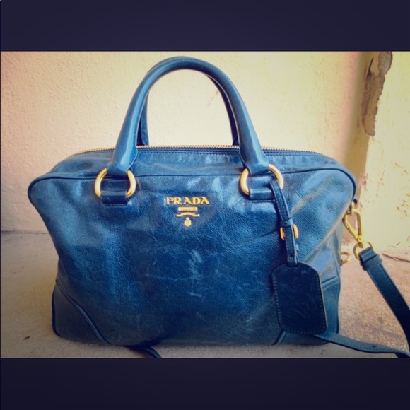 PRADA - Denim Blue Vitello Shine Leather Satchel - Picture 2 of 3
